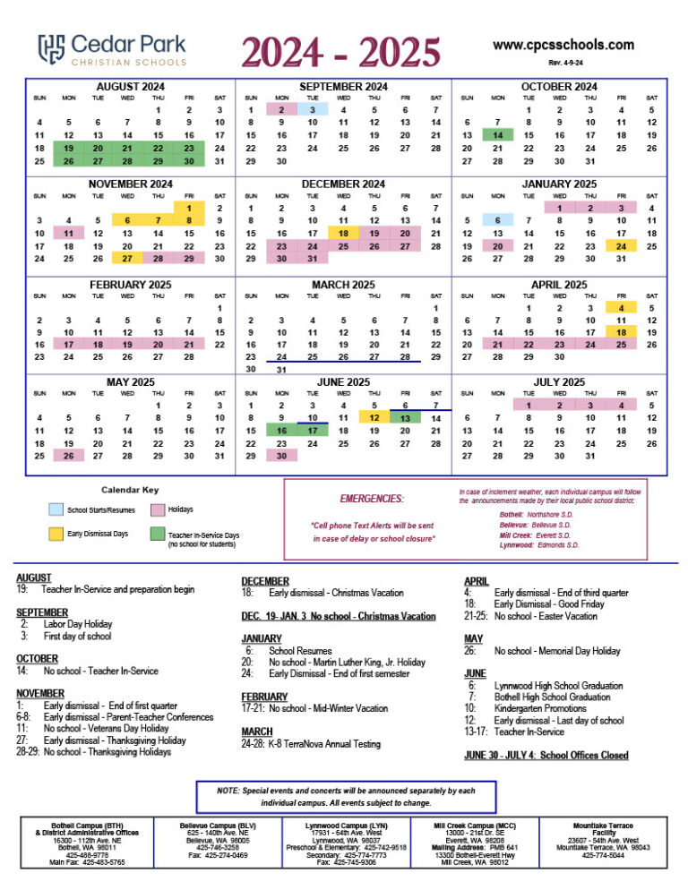 Academic Calendars Cedar Park Christian Schools
